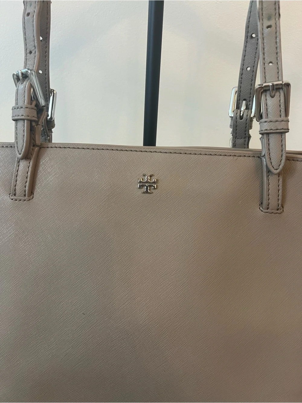 Tory Burch Neutral Taupe Leather Double-Strap Tote